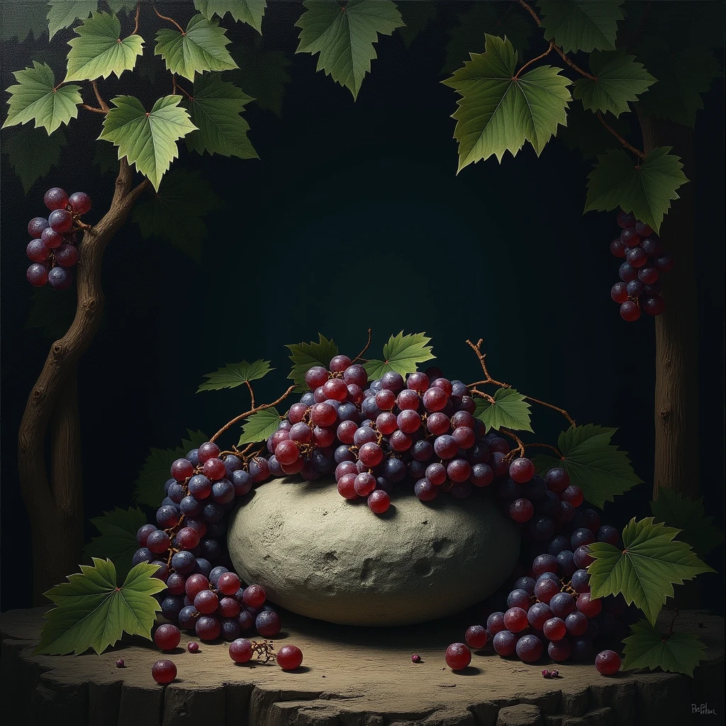 a dark contrasting vineyard, in the center there is a stone on which there are handfuls of grapes, a masterpiece