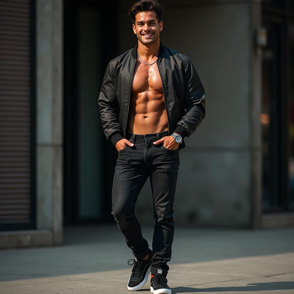 generate a master photograph describing a shapely Man, a full-body shot of a male fitness model dressed in a stylish, casual outfit suitable for a city day out, (8K, best quality), smile, brown hair, black hair, (hard chest, six pack, v cut), wearing a trendy bomber jacket, fitted dark jeans, and fashionable sneakers, standing in front of an urban backdrop, such as a brick wall or a modern building, (He has sexy hard chest, Most sexy v-cut , Most sexy six pack), Manly, Mancore, (He has fit chest, sexy six pack, sexy v-cut, extremely sexy hips), (asian skin, glistening skin, beautiful complexion), shot on Fujifilm superia, (Studio soft light, high detail, cinematic lighting, rim lighting), Style: (hyperrealistic, by DynastySeries FashionNova, photo, {{{masterpiece photography}}}, analog photograph, professional fashion photoshoot, trending on artstation, synthwave, krrrsty), Quality: (photographed, masterpiece, highest resolution), Definition: (highres, sharp focus, 8k uhd, ultra photo-realistic resolution), Film: (80 mm, shot on portra 120, shot on Fujifilm), Resolution: (extremely detailed, (sharp focus:1.5), cinematic lighting, dramatic lighting, ultra photo-realistic), luxury: