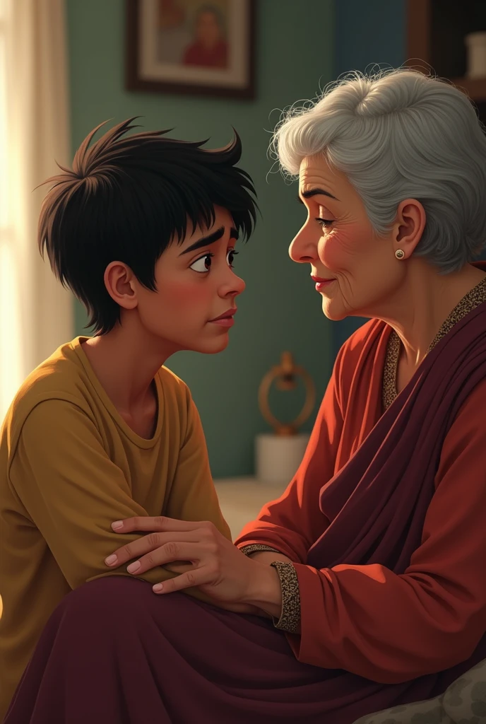 *Chandu Seeking
Help*: Chandu talking to his grandmother with a troubled expression