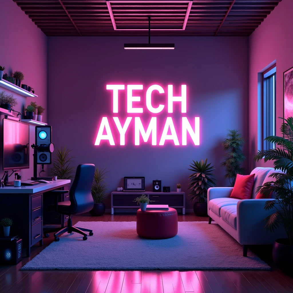 create an image of a youtuber's studio room with a subtle neon glow. Make a statement with bold "Tech Ayman " lettering, make sure the text is not misspelled