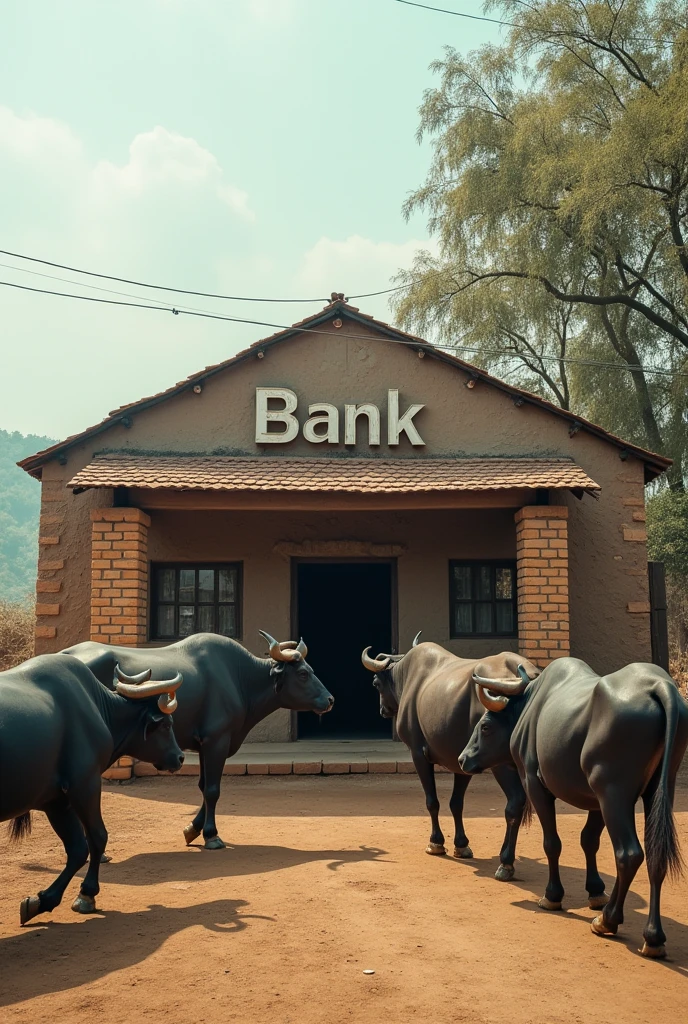 A photo of a small bank in rural India and a group of buffalow roming in front of it and a heading written Bank