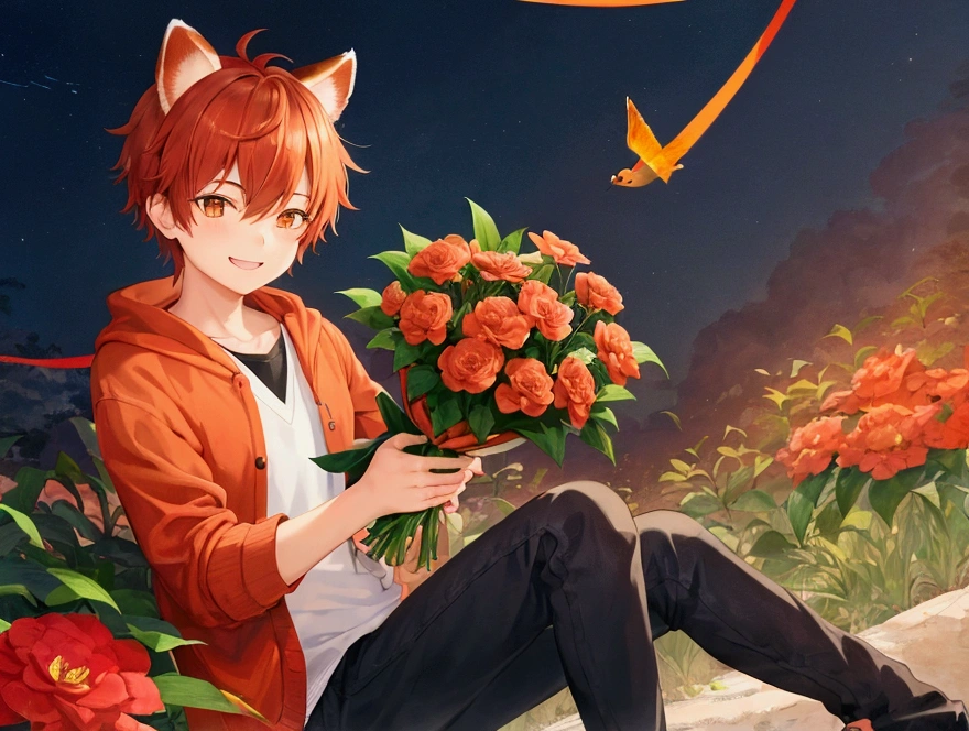 Create a detailed illustration of a age boy with red panda ears. He is smiling happily, and his expression should convey joy and warmth. He is holding a bouquet of camellia flowers in his hands. The boy is wearing a dark orange cardigan as an outer garment. Ensure the cardigan has a cozy and slightly oversized appearance. The background should be simple, keeping the focus on the boy and his cheerful demeanor