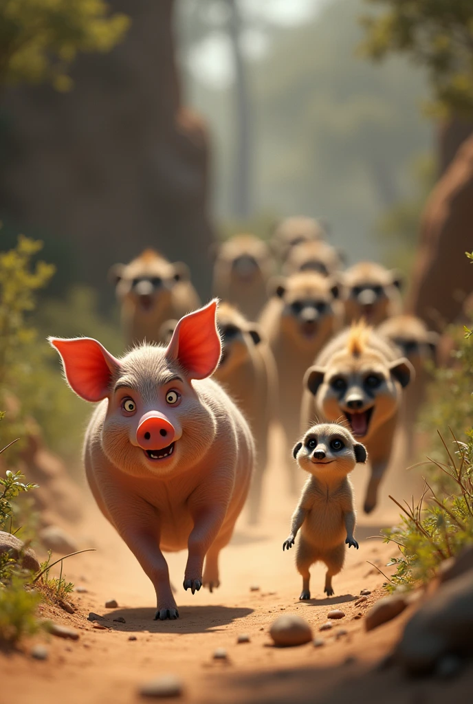 Pig and Meerkat’s Worry: The pig and meerkat become anxious upon seeing the hyenas and quickly run towards a safe place.






