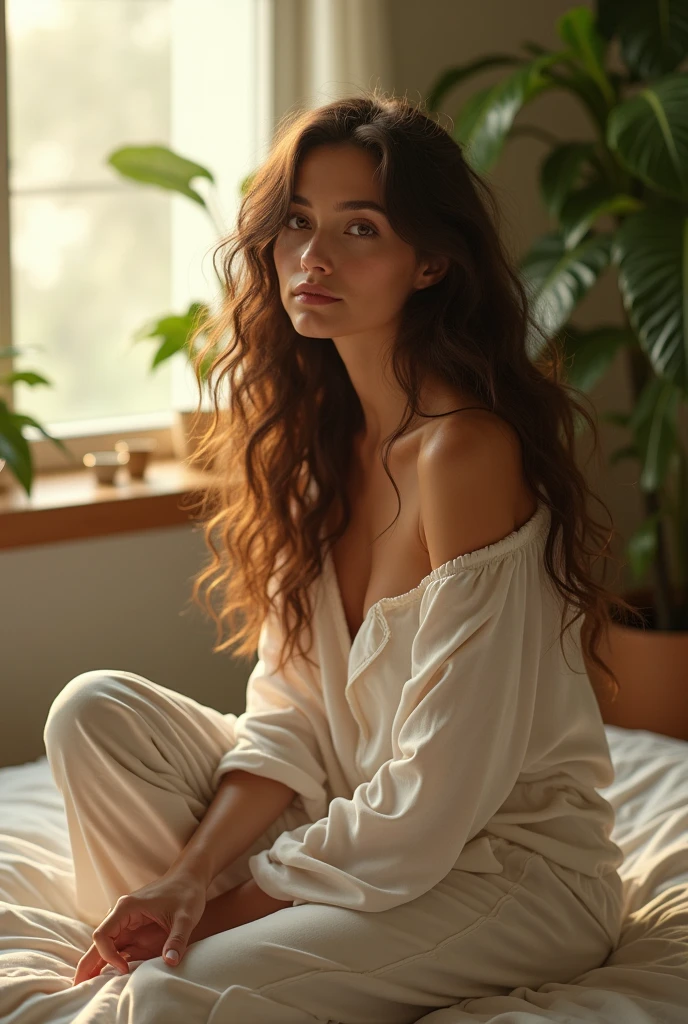 (photorealism:1.2), beautiful woman, sitting on bed, wearing loose off-shoulder top, pajama pants, long curly hair, indoors, soft lighting, plants in background, window with sunlight, cozy room, relaxed pose, realistic, intricate details, warm colors, by Greg Rutkowski, by Alphonse Mucha