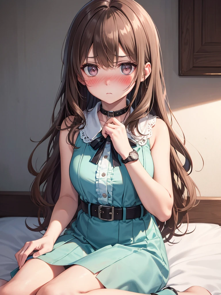 (8k、Best image quality、Highest quality、masterpiece)、Detailed face、Detailed Background, Improve、A beautiful woman, Light brown hair, Long Wavy Hair, Blunt Bang, big , big Ass, White sleeveless blouse with collar, Brown belt,White ultra mini skirt, Watch on wrist,Fold your hands in front of your body, Looking down, (A tense look:1.5), (blush:1.4), Bedroom, Sit on the edge of the bed, Dim lighting, Look with your right hand, from the front, whole body