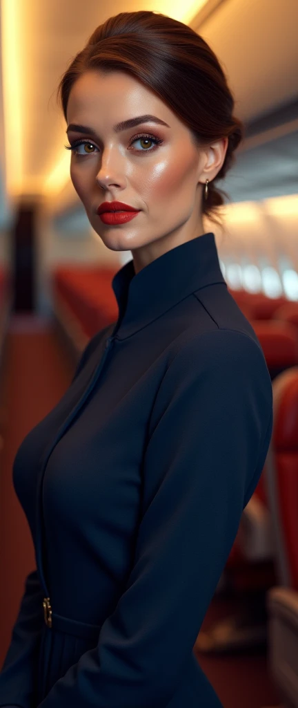 a beautiful female hostess in a flight, wearing dark blue flight attendant uniform detailed realistic portrait, high quality, photorealistic, extremely detailed eyes and face, long eyelashes, mature elegant expression, red lips, flight attendant uniform, standing in an airplane interior, warm lighting, intricate details, hyper detailed, 8k