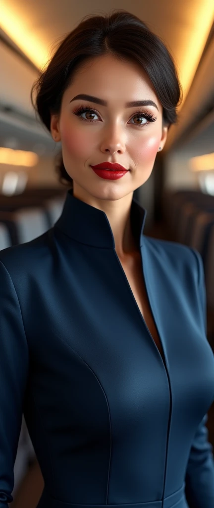 a beautiful female hostess in a flight, wearing dark blue flight attendant uniform detailed realistic portrait, high quality, photorealistic, extremely detailed eyes and face, long eyelashes, mature elegant expression, red lips, flight attendant uniform, standing in an airplane interior, warm lighting, intricate details, hyper detailed, 8k