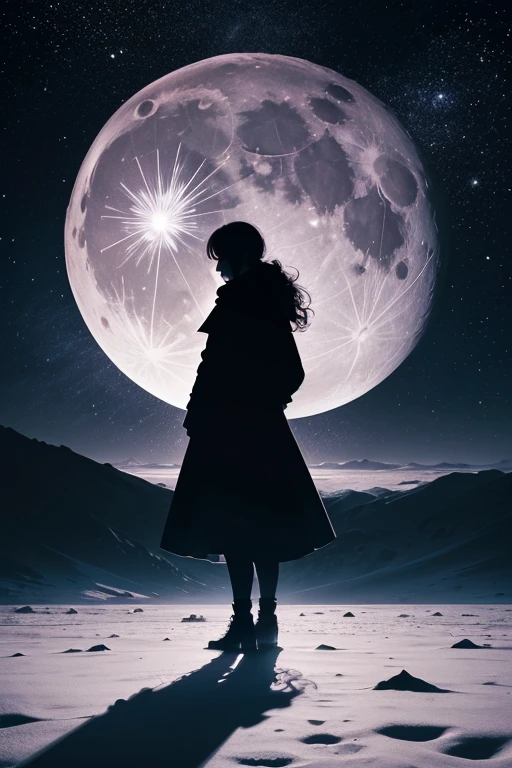 Highest quality,Big moon and shadow,A silhouette of a person can be seen against the backdrop of a large moon.,There is one full moon,There is a mood,Beautiful scenery,Starry Sky