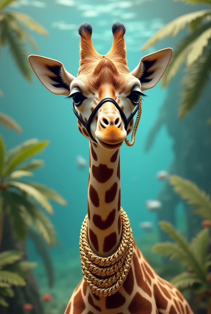 Giraffe with snorkel and gold chains around the neck