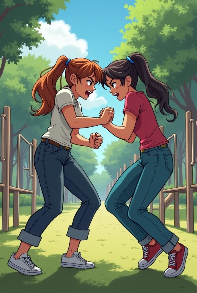 2 friends girls fighting at college in pants in playground angry face