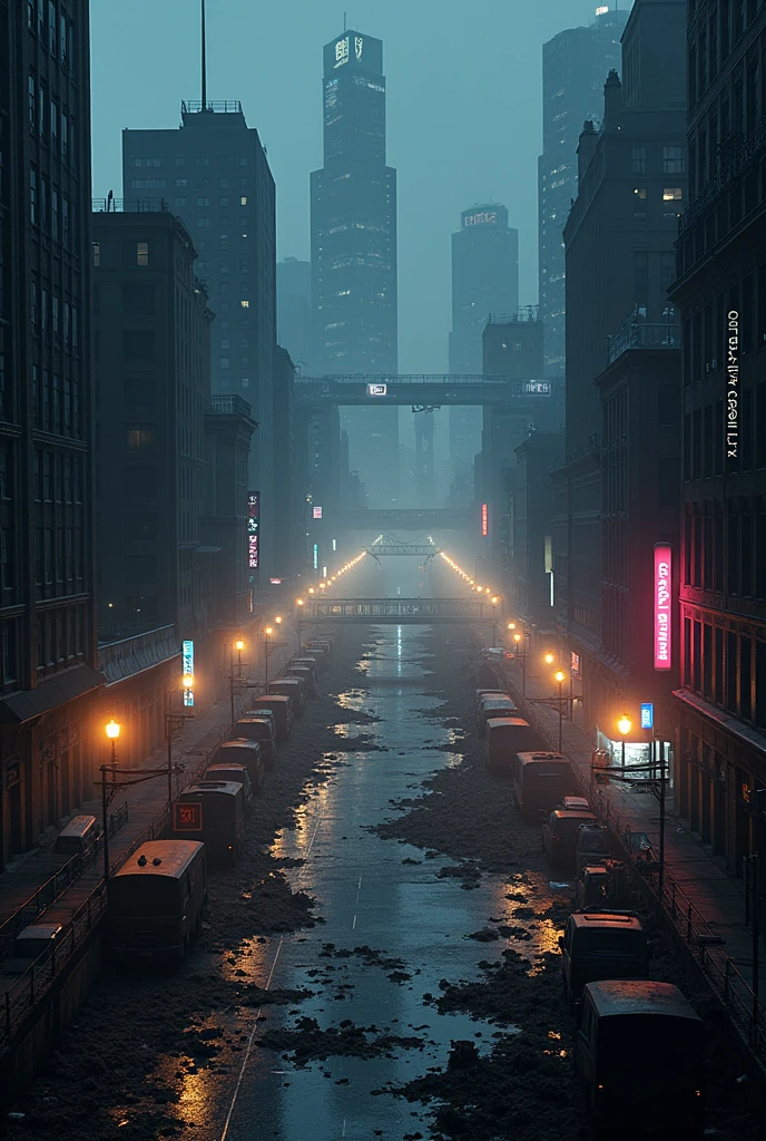 Night city scene, no people, high angle, becomes a battlefield.