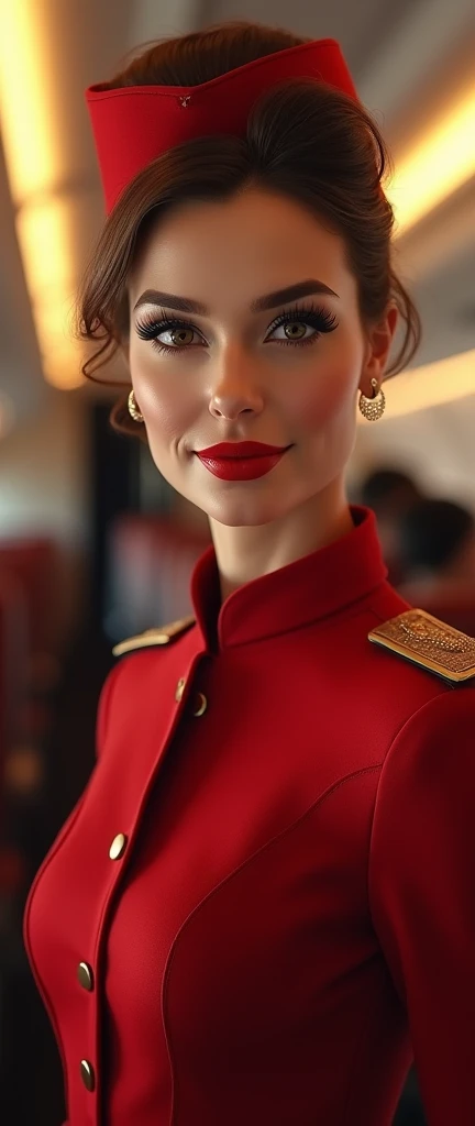 a beautiful female hostess in a flight, wearing flight attendant uniform detailed realistic portrait, high quality, photorealistic, extremely detailed eyes and face, long eyelashes, mature elegant expression, red lips, flight attendant uniform, standing in an airplane interior, warm lighting, intricate details,, 8k