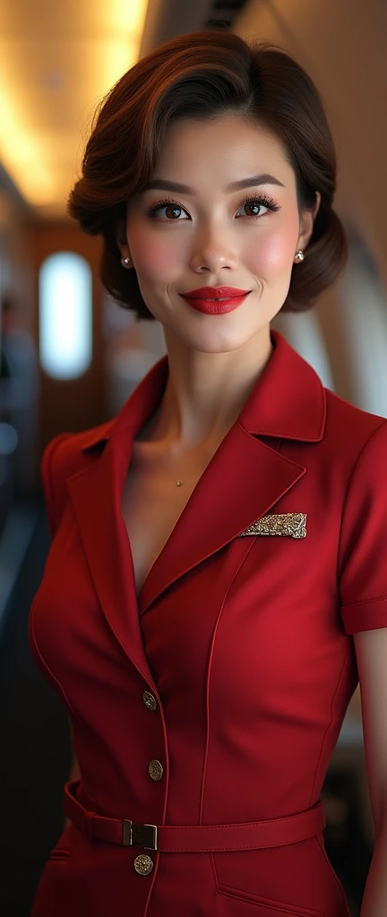 a beautiful female hostess in a flight, wearing flight attendant uniform detailed realistic portrait, high quality, photorealistic, extremely detailed eyes and face, long eyelashes, mature elegant expression, red lips, flight attendant uniform, standing in an airplane interior, warm lighting, intricate details,, 8k