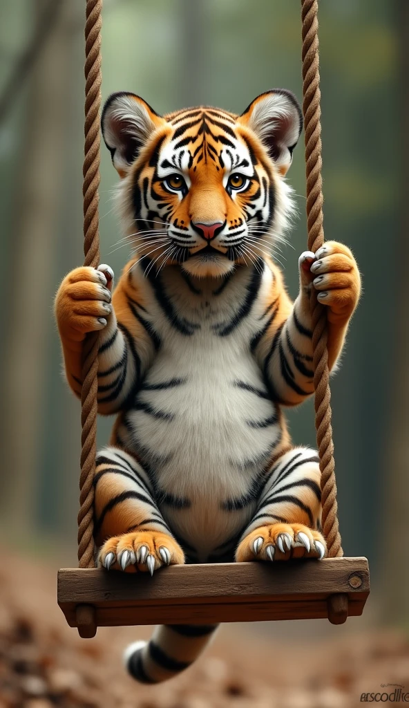 A tiger cub sitting upright on a swing，Real tiger，animal，biology，Two claws grab the rope of the swing，hairy big belly