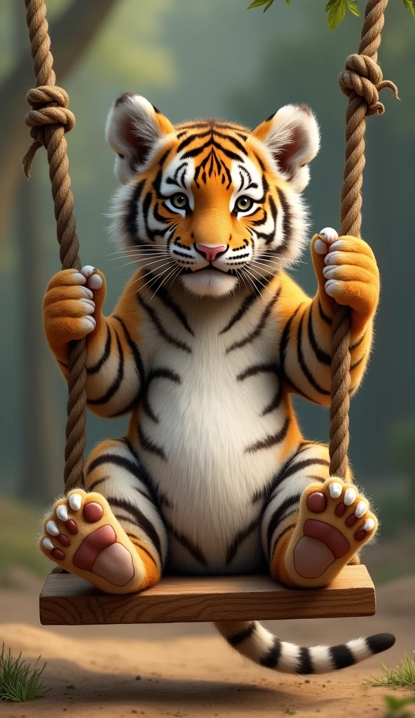 A tiger cub sitting upright on a swing，Real tiger，animal，biology，Two claws grab the rope of the swing，hairy big belly