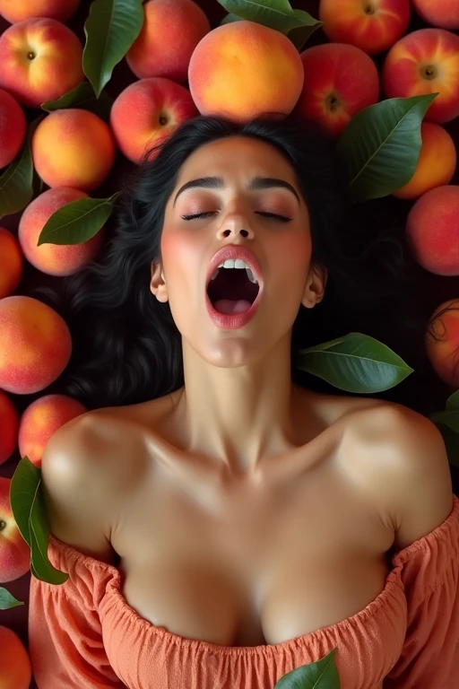 One incredibly beautiful Iranian woman in her 30s。Facing forward、Mouth wide open。The expression is、Sexually lewd expression、Ecstatic expression、I feel a strong sense of ecstasy。I know the pleasure of sex for women.。The head is peeled、Wearing a large real peach。The chest is wide open。There are peaches all around。Covered in peaches。Fully clothed。Background、In the colors of the Iranian flag。9:In 16 sizes。Highest quality、A masterpiece please。