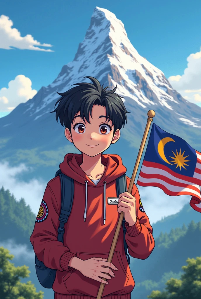 A cute man wearing a hoodie with nametag "SitaSha" holding a malaysian flag with a Mount Kinabalu background anime style