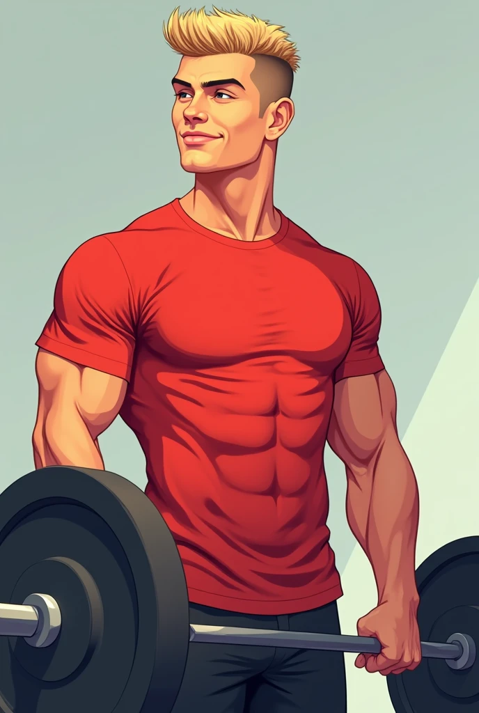 best quality, masterpiece, fill frame, zoomed out, full body, cel shading art, poster of handsome young man in early twenties with short undercut blond hair, athletic build, smile, wearing plain red tshirt and black shorts, lifting a barbell, perfect fingers, perfect hands, perfect face, perfection, no background