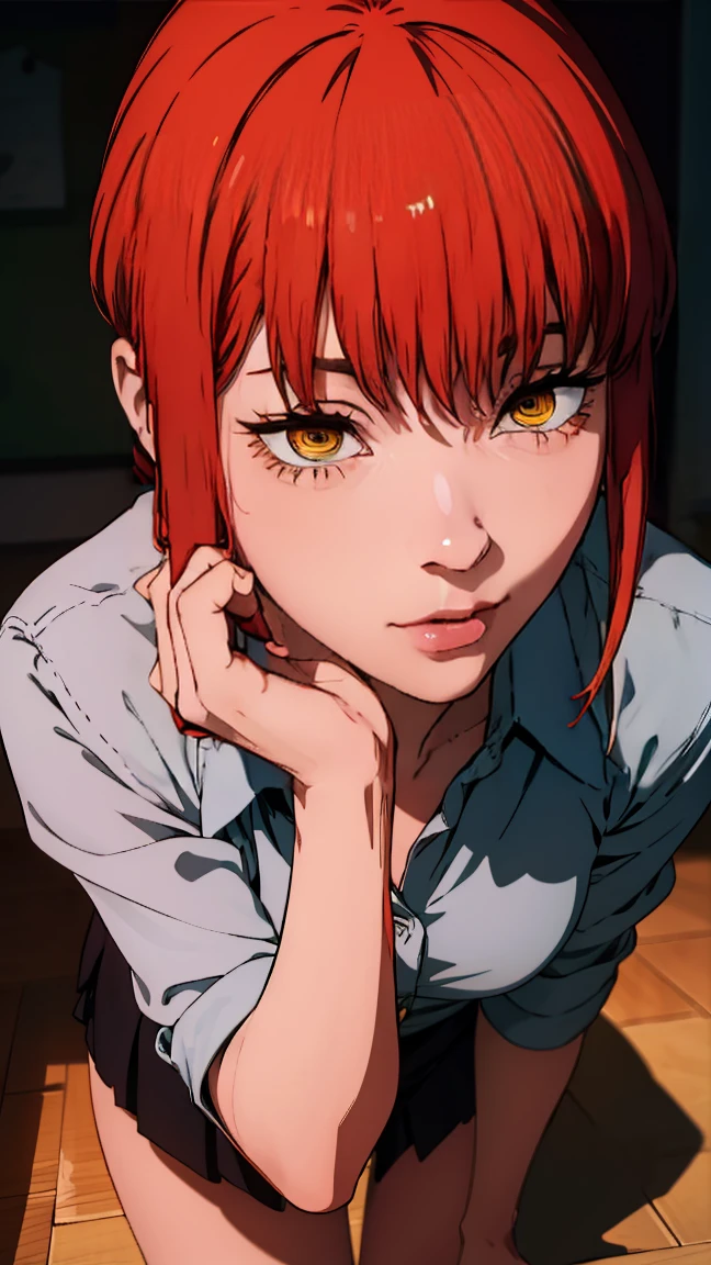 The character Makima from the anime series Chainsaw Man, fragile, full length (Full body 1.1.), dark background, darkness, Correct anatomy 1.1, holds his hands behind his back, correct hand anatomyVery sexy, erotica, very feminine, beautiful figure, legs, buttocks, beautiful body, red hair, orange eyes, Red circles for schoolchildren, summer dress, sexy pose, realistic, very detailed, beautiful body, detailed body, detailed hands, detailed, Vibrating, detailed Face, Makima character design. very detailed, detailed body, detailed hands, detailed Face, anime art, Hugh Details, Very downcast face, detailed eyes, Super thin illustration, best shadow, Fine detail, beautiful detailed glow, beautiful detailed, Extraordinarily beautiful, extremely detailed, inexpressive, epic composition, Anime style. anime art anime art, Anime style,