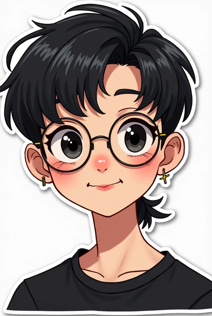 I want to create a series of stickers for WhatsApp and Telegram where the character is young, has a light skin tone, very dark black eyes and is portrayed with short hair, with a modern mullet cut, very dark black hair and very dark stubble. He is wearing round glasses and a black t-shirt, and has a small earring visible in his left ear.