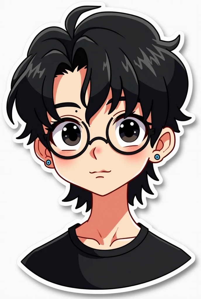 I want to create a series of stickers for WhatsApp and Telegram where the character is young, has a light skin tone, very dark black eyes and is portrayed with short hair, with a modern mullet cut, very dark black hair and very dark stubble. He is wearing round glasses and a black t-shirt, and has a small earring visible in his left ear.