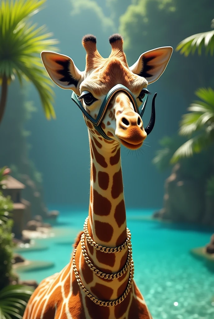 Giraffe with snorkel and gold chains around the neck

