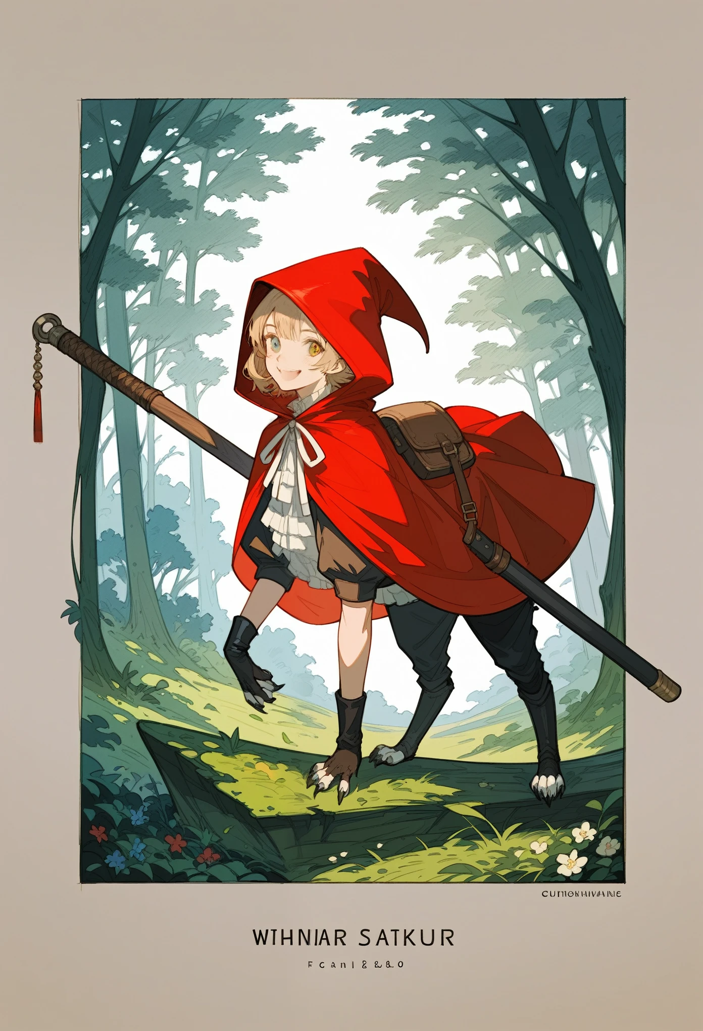 rating_safe, score_9, score_8_up, score_7_up, score_6_up, score_5_up, score_4_up, hires, source_furry, postcard design, story of Little Red Riding Hood, flat Design, vector illustrations, graphic illustration, detailed 2d illustration, flat illustration, digital illustration, digital artwork,