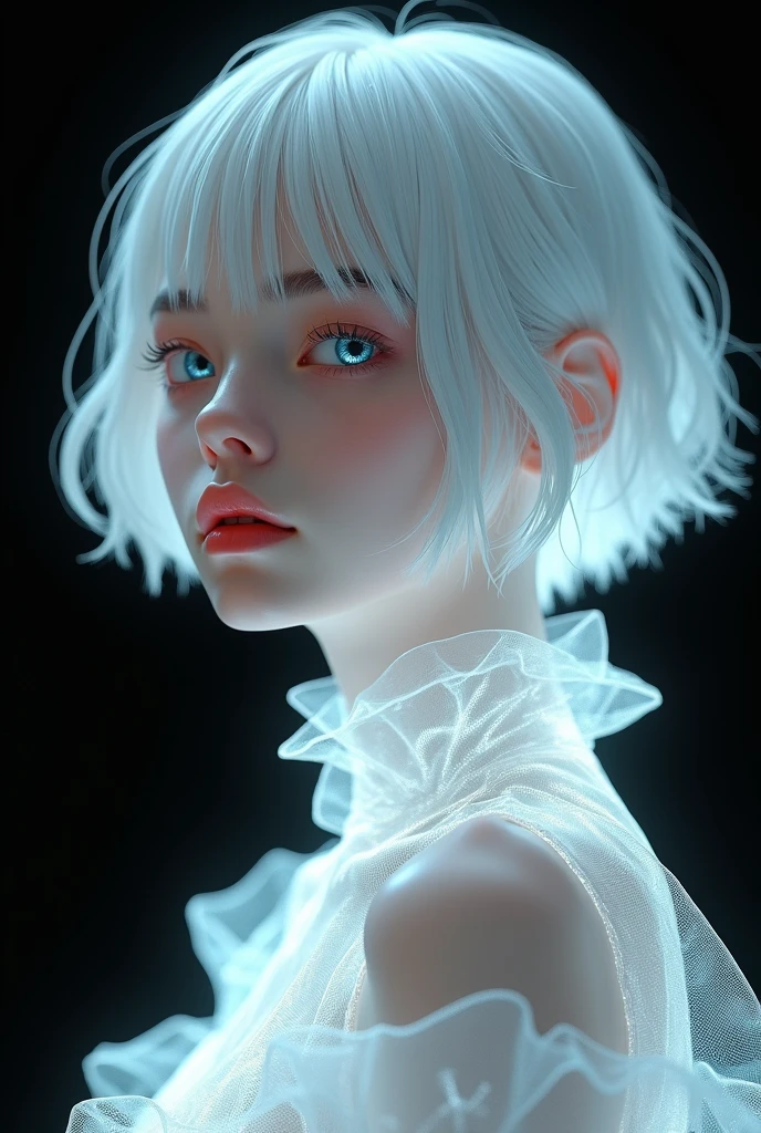 Highest quality,The perfect masterpiece,Perfect artwork,Official Works,8K,, (Upper Body Portrait:1.3),((Seen from the side:1.5)),close-up lens,Delicate face,, ,White-haired girl,(hakuhatsu:1.5),short and medium hair,((White transparent eyes:1.5)),(white dress:1.2),(Transparent clothing:1.2),(Black background:1.3),, pearl illusion,Cyberpunk,fashion trend,3s material,high-definition,detail representation,c4d,3D,octane rendering,ray tracing,complex details,animated lighting,OCrenderer,
