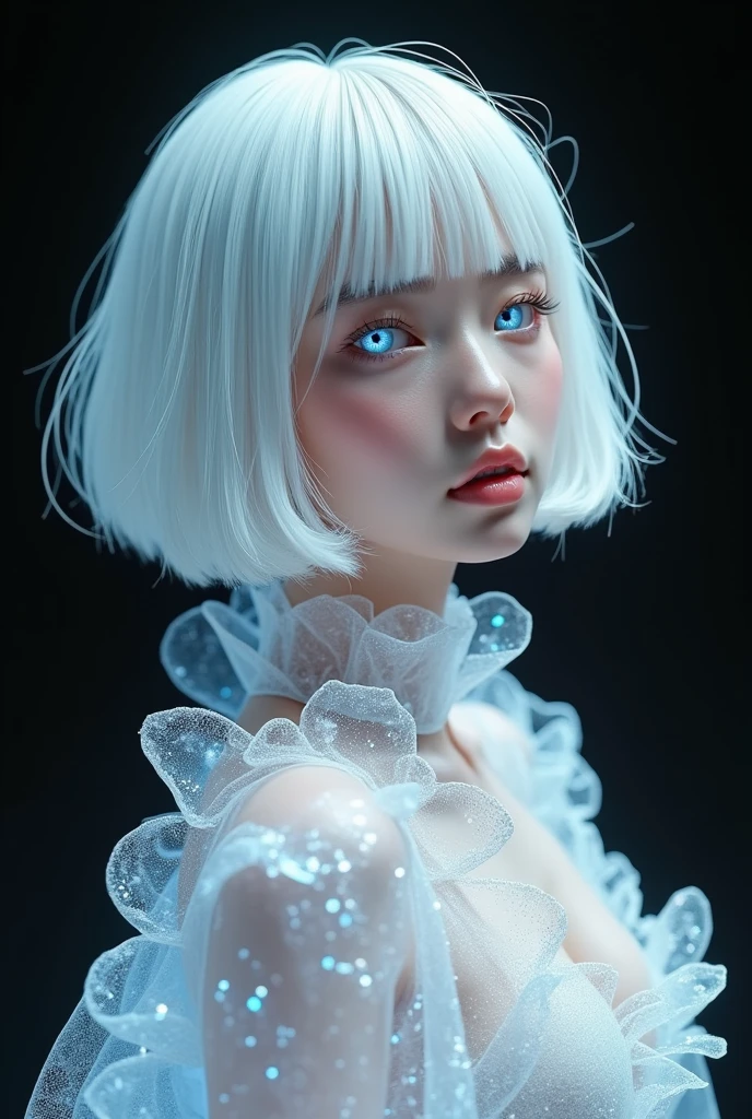 Highest quality,The perfect masterpiece,Perfect artwork,Official Works,8K,, (Upper Body Portrait:1.3),((Seen from the side:1.5)),close-up lens,Delicate face,, ,White-haired girl,(hakuhatsu:1.5),short and medium hair,((White transparent eyes:1.5)),(white dress:1.2),(Transparent clothing:1.2),(Black background:1.3),, pearl illusion,Cyberpunk,fashion trend,3s material,high-definition,detail representation,c4d,3D,octane rendering,ray tracing,complex details,animated lighting,OCrenderer,
