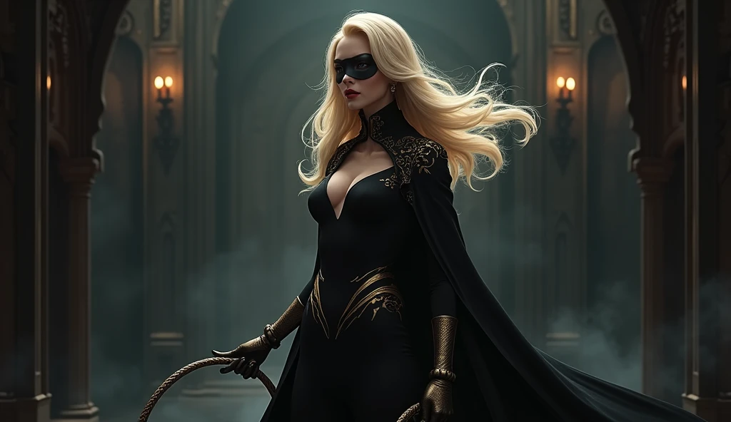Create an image of a mysterious and elegant woman resembling DORONJO. She has long, flowing blonde hair, styled in a dramatic fashion, with a black eye mask that adds an element of intrigue. The woman is dressed in a sleek, form-fitting black outfit with gold accents, exuding confidence and power. She stands in a dynamic pose, perhaps with one hand on her hip or holding a whip, against a dark and moody background. The setting could include elements of a villain's lair, such as gothic architecture, a luxurious throne, or a shadowy cityscape. The overall atmosphere should be a mix of elegance, danger, and charisma, reflecting DORONJO's iconic presence.