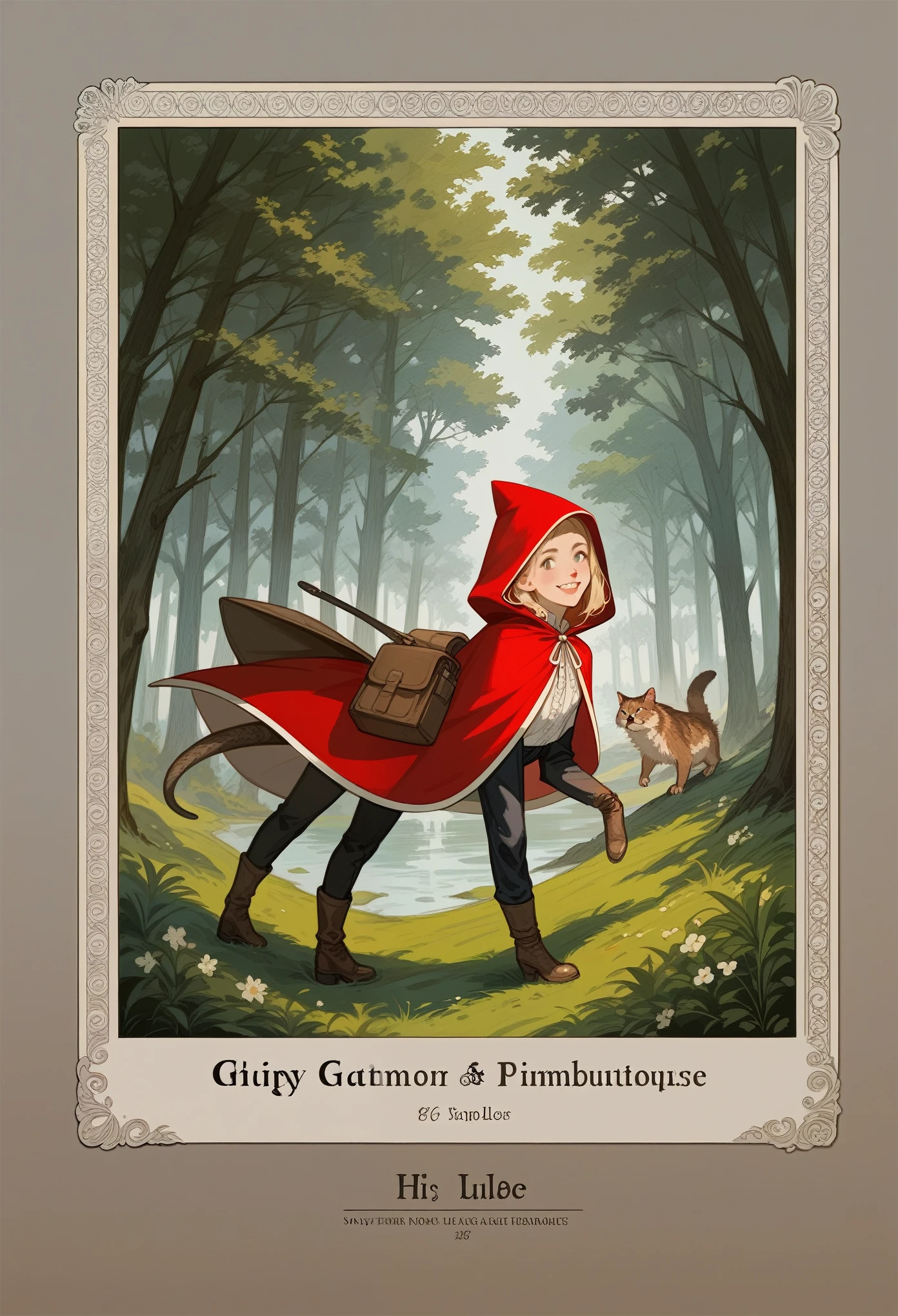 rating_safe, score_9, score_8_up, score_7_up, score_6_up, score_5_up, score_4_up, hires, source_furry, postcard design, story of Little Red Riding Hood, flat Design, vector illustrations, graphic illustration, detailed 2d illustration, flat illustration, digital illustration, digital artwork,