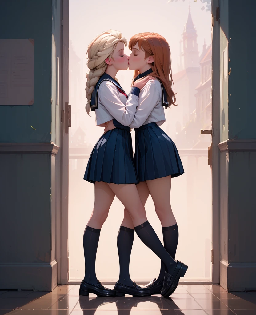score_9, score_8_up, score_7_up, 2girls, 1girl (Anna) and 1girl (Elsa), side view, (full bodies in view), school uniforms, black school shoes, kissing, correct feet, correct anatomy