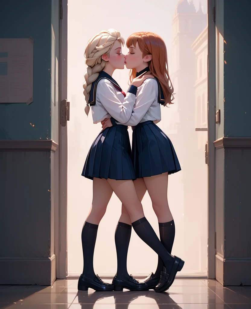 score_9, score_8_up, score_7_up, 2girls, 1girl (Anna) and 1girl (Elsa), side view, (full bodies in view), school uniforms, black school shoes, kissing, correct feet, correct anatomy