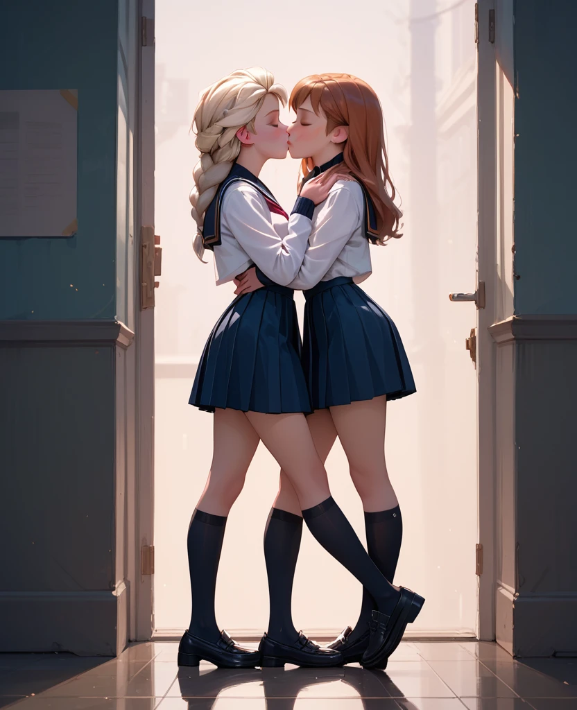 score_9, score_8_up, score_7_up, 2girls, 1girl (Anna) and 1girl (Elsa), side view, (full bodies in view), school uniforms, black school shoes, kissing, correct feet, correct anatomy