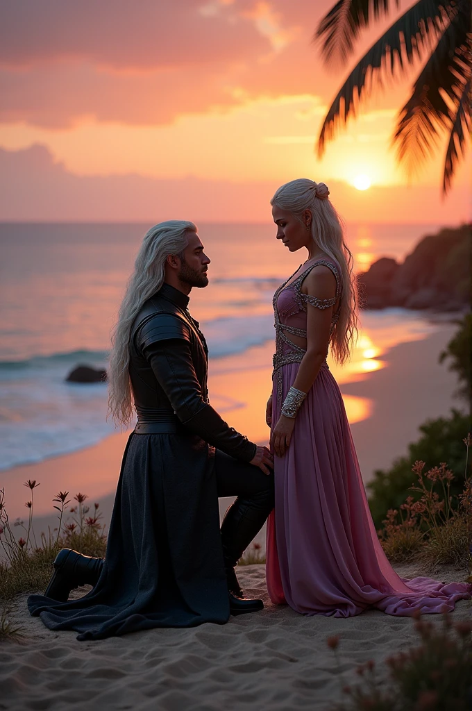 Viserra Targaryen, played by la actriz argentina, > (with platinum blonde hair and purple eyes) , y Daemon Targaryen, played by, the british actor > (long platinum blonde hair and violet eyes) , Both are on a peninsula near the beach, with the sunset in the background, y Daemon, He asks her to marry him, a Viserr