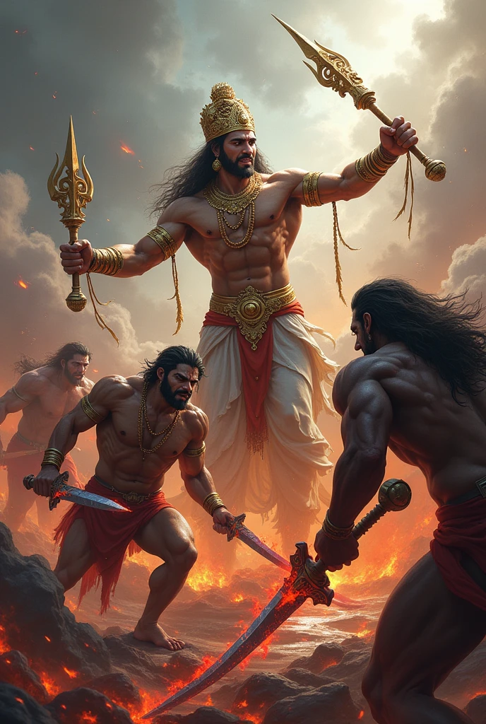 War between gods and rakshashas with good bodies and powerful weapons and ful of blood in their bodies,The gods having crowns and good cloths in their bodies but rakshashas with ugly face and no cloths in their bodies