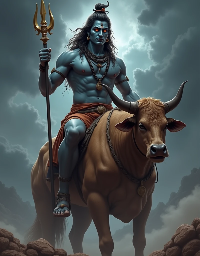 Create a realistic and detailed image of Lord Shiva sitting on Nandi, the sacred bull. Lord Shiva is depicted with a fierce and intense expression, showing his anger. His eyes are fiery, and his eyebrows are furrowed, reflecting his powerful and formidable presence. He is holding his trident (trishul) firmly in one hand. Nandi, the ox, stands strong and sturdy beneath him, with a determined stance. The background features a dramatic sky with dark clouds swirling, hinting at an impending storm, adding to the intensity of the scene. The overall atmosphere should convey a sense of divine power and wrath, emphasizing Lord Shiva's formidable and commanding presence.