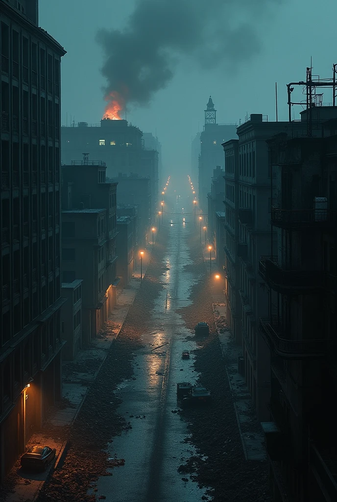 City scene at night, no people, high angle, in a state of war.