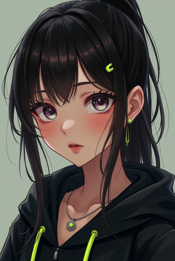 semi-realistic cinematic artwork, a close up on a mischevieous girl wearing a black hoodie with neon green details, neon green, cute expression, curious eyes, shimmering eyes, long hair, (smilling), ponytail, she has lovely bangs, the girl wears a cute earing, necklace, beautiful vivid eyes, portrait of a sensual girl, comfy, the iamge trasnmit good feeling, relaxed atsmophere, realxed expression, detailed strands of hair, soft lips, elegant. gracious girl