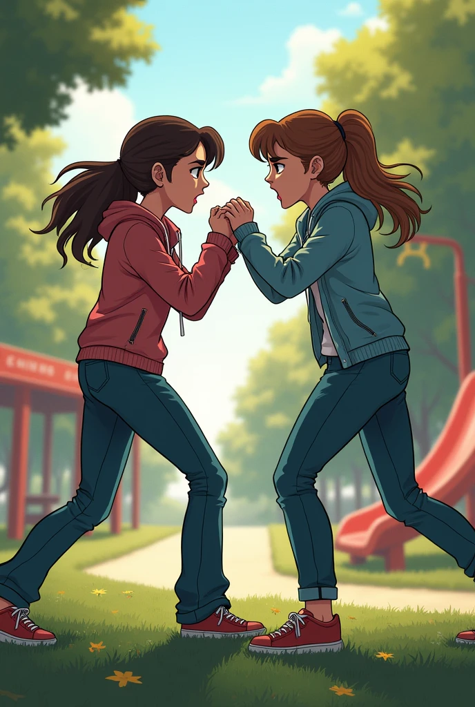 2 friends girls fighting at college in pants in playground angry face