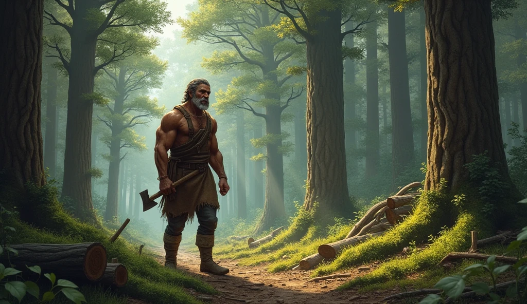 A fearless giant primitive man standing
with a primitive weapon, in a forest, summer season, surrounding with wolf, masterpiece, artstation HD, ultradetail, 8k