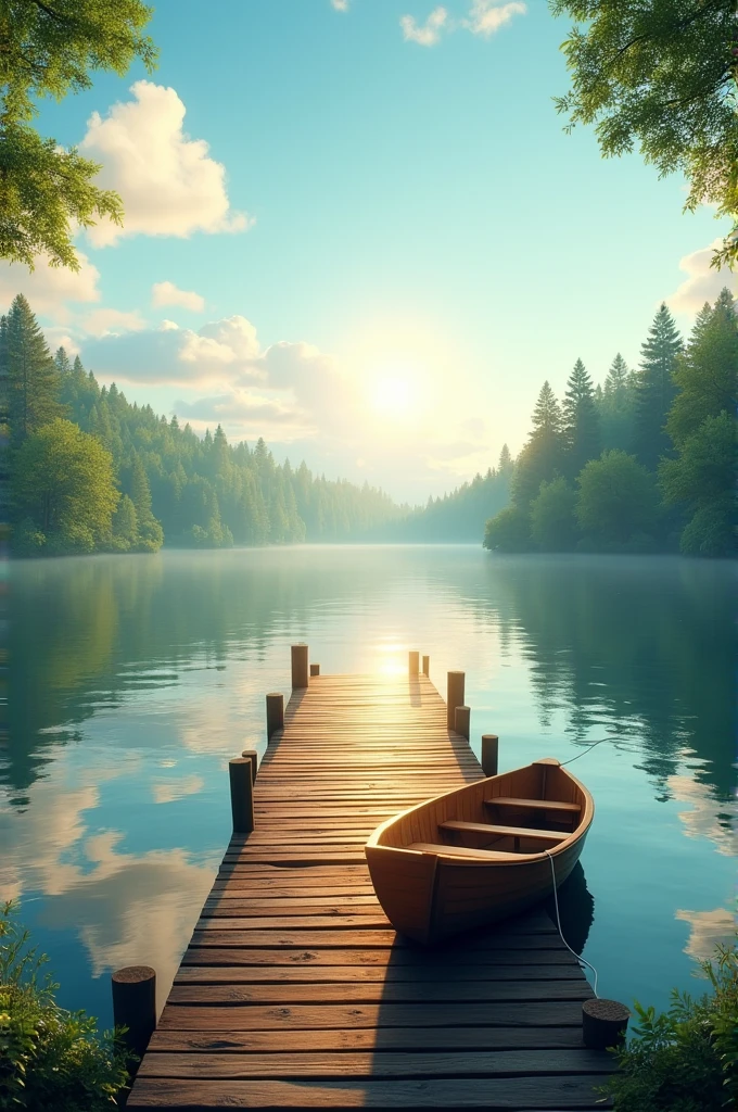 A serene landscape featuring a tranquil lake surrounded by lush green forests. In the foreground, a wooden dock extends into the water with a small rowboat tied to it. The sky is clear with a few fluffy white clouds, and the sun is setting, casting a golden glow over the scene