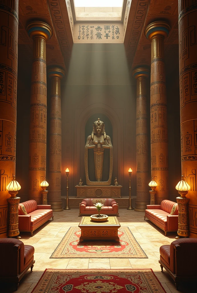 Can u generate A1 sized sheet with different interior furniture which represent egyptian architecture 