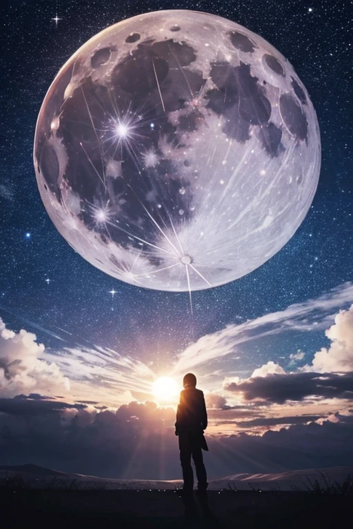 Highest quality,Big moon and shadow,A silhouette of a person can be seen against the backdrop of a large moon.,There is one full moon,There is a mood,Beautiful scenery,Starry Sky