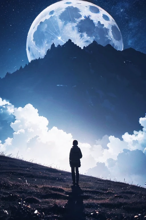 Highest quality,Big moon and shadow,A silhouette of a person can be seen against the backdrop of a large moon.,There is one full moon,There is a mood,Beautiful scenery,Starry Sky