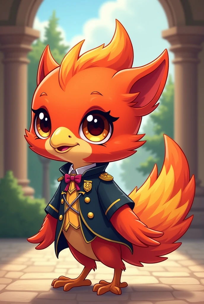 A phoenix wearing the Regal Academy uniform in a cute and small style and cartoon style 