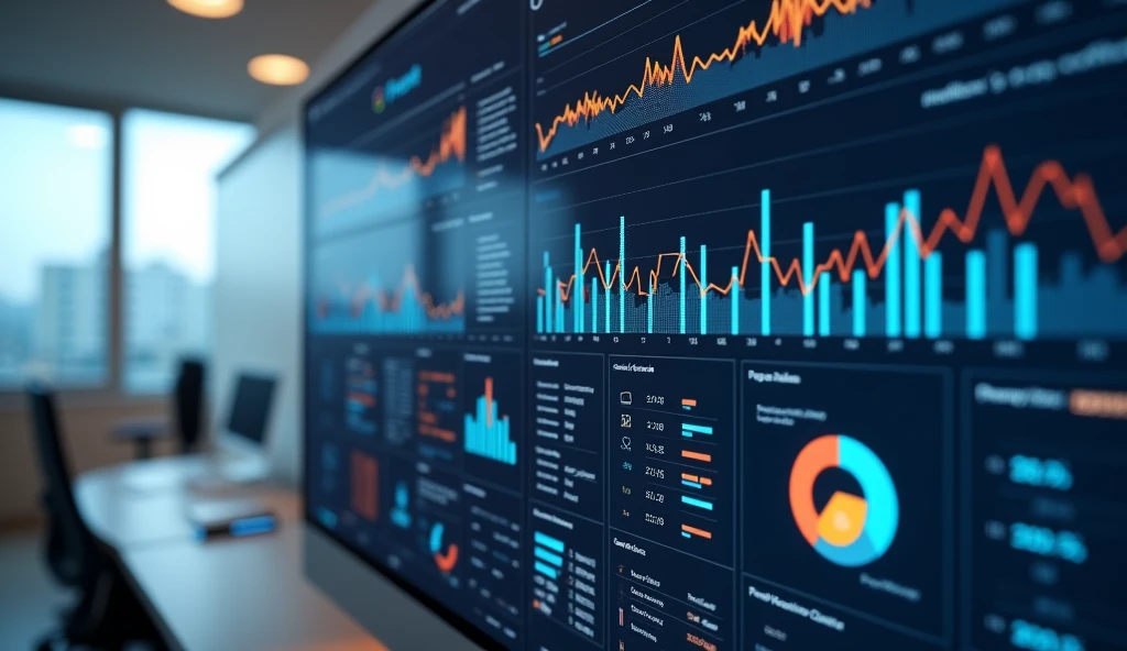 Create highly detailed and realistic images of modern data analysis dashboards, with a focus on traffic analysis. The dashboard should display a mix of bar charts, pie chart, and line graph, all in a sleek and professional design. The graph should display various metrics such as user visits., page view, bounce rate, and conversion ratio, with each graph color coded for clarity. The word 'TRAFFIC' should be displayed prominently at the top of the dashboard in bold, clean typography.. The overall design should convey an impression of high-tech efficiency., with sharp contrast and a slightly blurred background to emphasize the data on the screen.. The setting should be a modern office with natural lighting reflecting off the screen., gives a dynamic and realistic impression to the image
