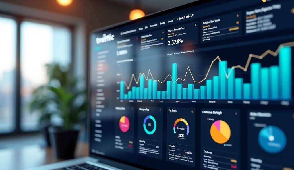 Create highly detailed and realistic images of modern data analysis dashboards, with a focus on traffic analysis. The dashboard should display a mix of bar charts, pie chart, and line graph, all in a sleek and professional design. The graph should display various metrics such as user visits., page view, bounce rate, and conversion ratio, with each graph color coded for clarity. The word 'TRAFFIC' should be displayed prominently at the top of the dashboard in bold, clean typography.. The overall design should convey an impression of high-tech efficiency., with sharp contrast and a slightly blurred background to emphasize the data on the screen.. The setting should be a modern office with natural lighting reflecting off the screen., gives a dynamic and realistic impression to the image