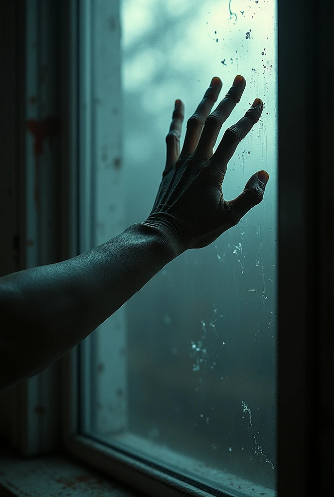 A man’s hand scratching the window. And we are looking from inside when it’s scathing form the outside