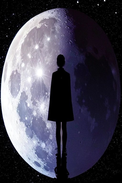 Highest quality,Big moon and shadow,A silhouette of a person can be seen against the backdrop of a large moon.,There is one full moon,There is a mood,Beautiful scenery,Starry Sky